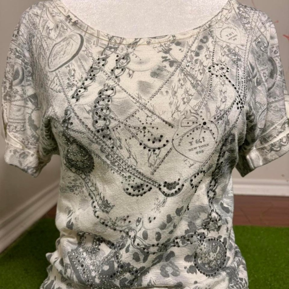 Vintage Y2K Petrol Women Medium Mcbling Grunge Rhinestones‎ Graphic Fitted Top